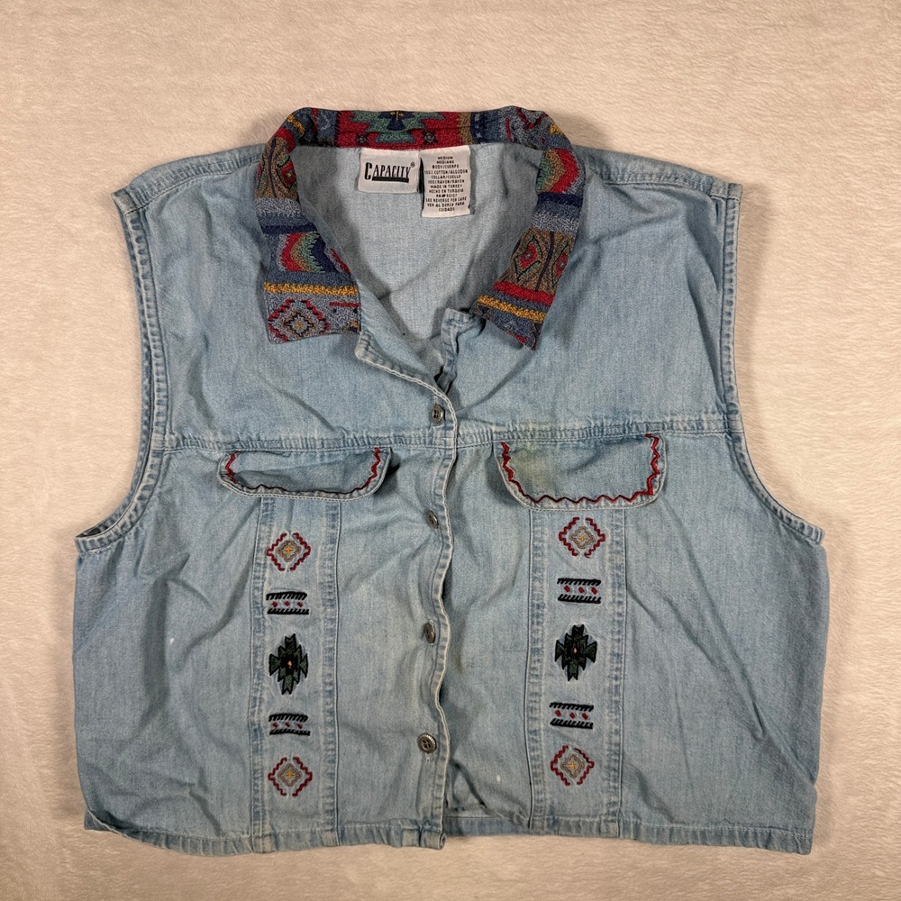 Capacity‎ Womens Denim Vest Southwestern Embroidered Collar Button Front Medium